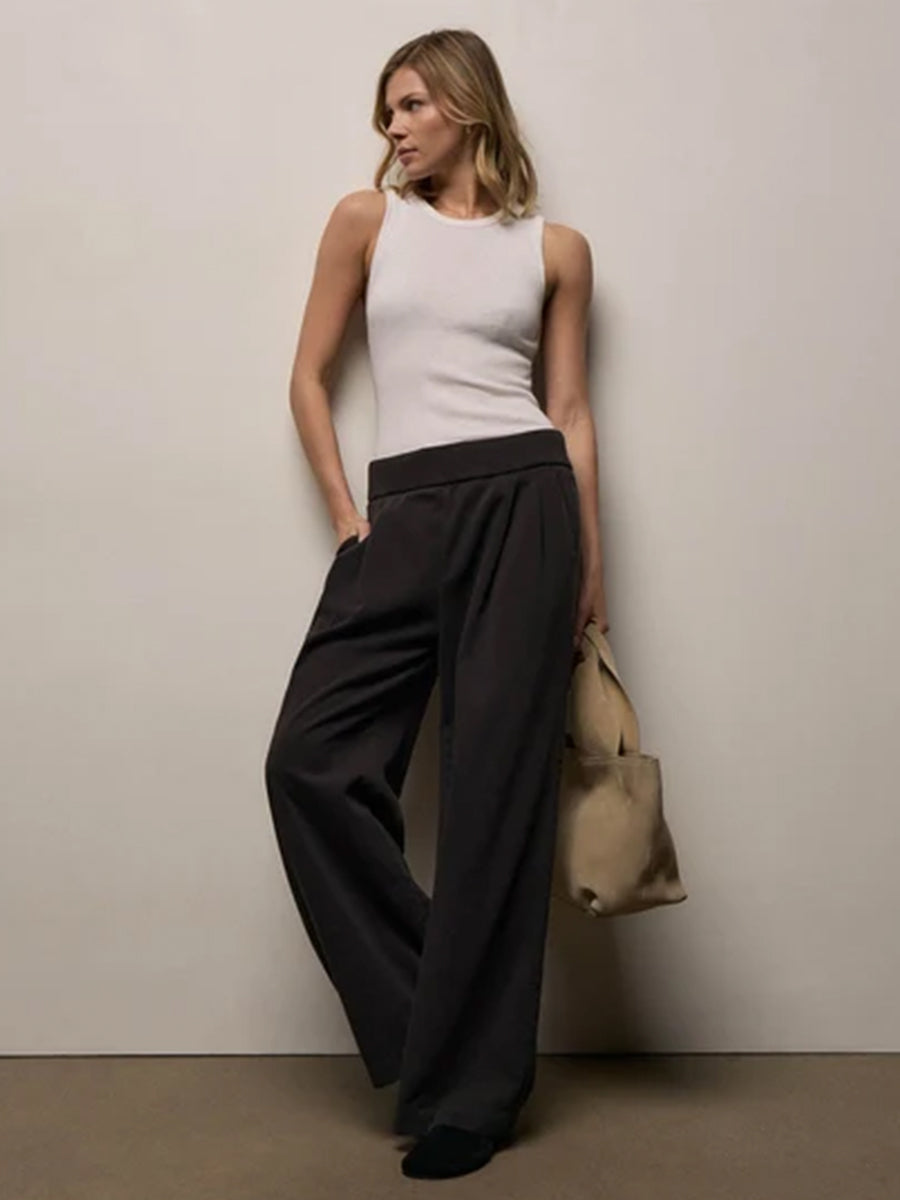 Ribbed Waist Wide Leg Pant in Black