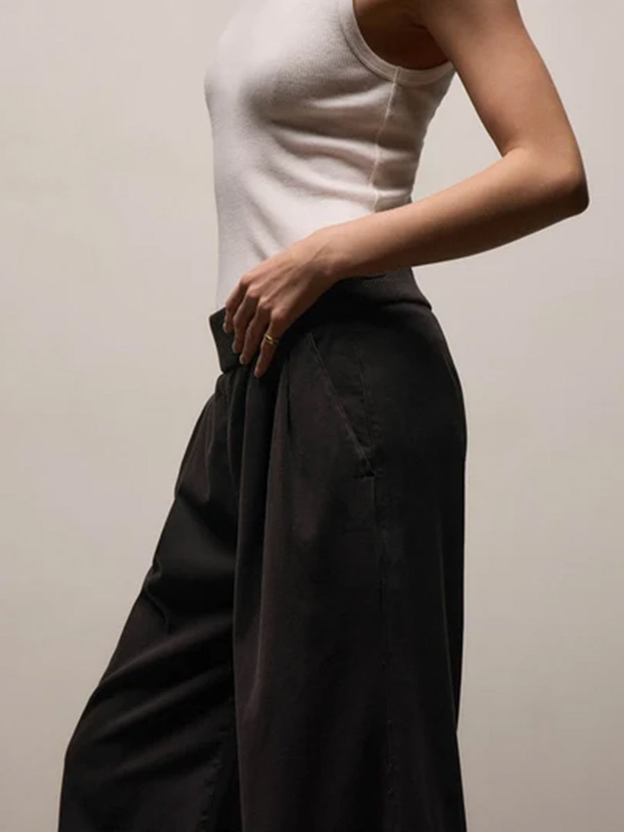 Ribbed Waist Wide Leg Pant in Black