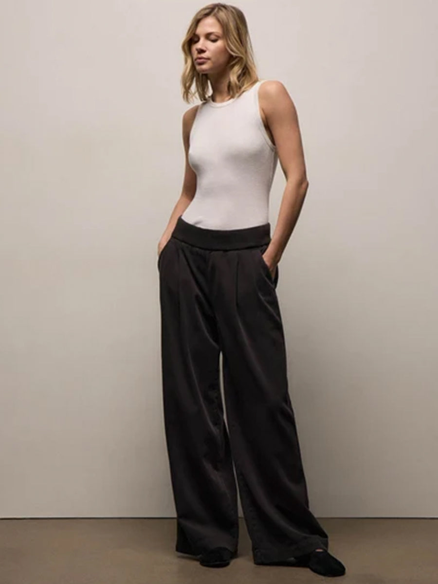 Ribbed Waist Wide Leg Pant in Black