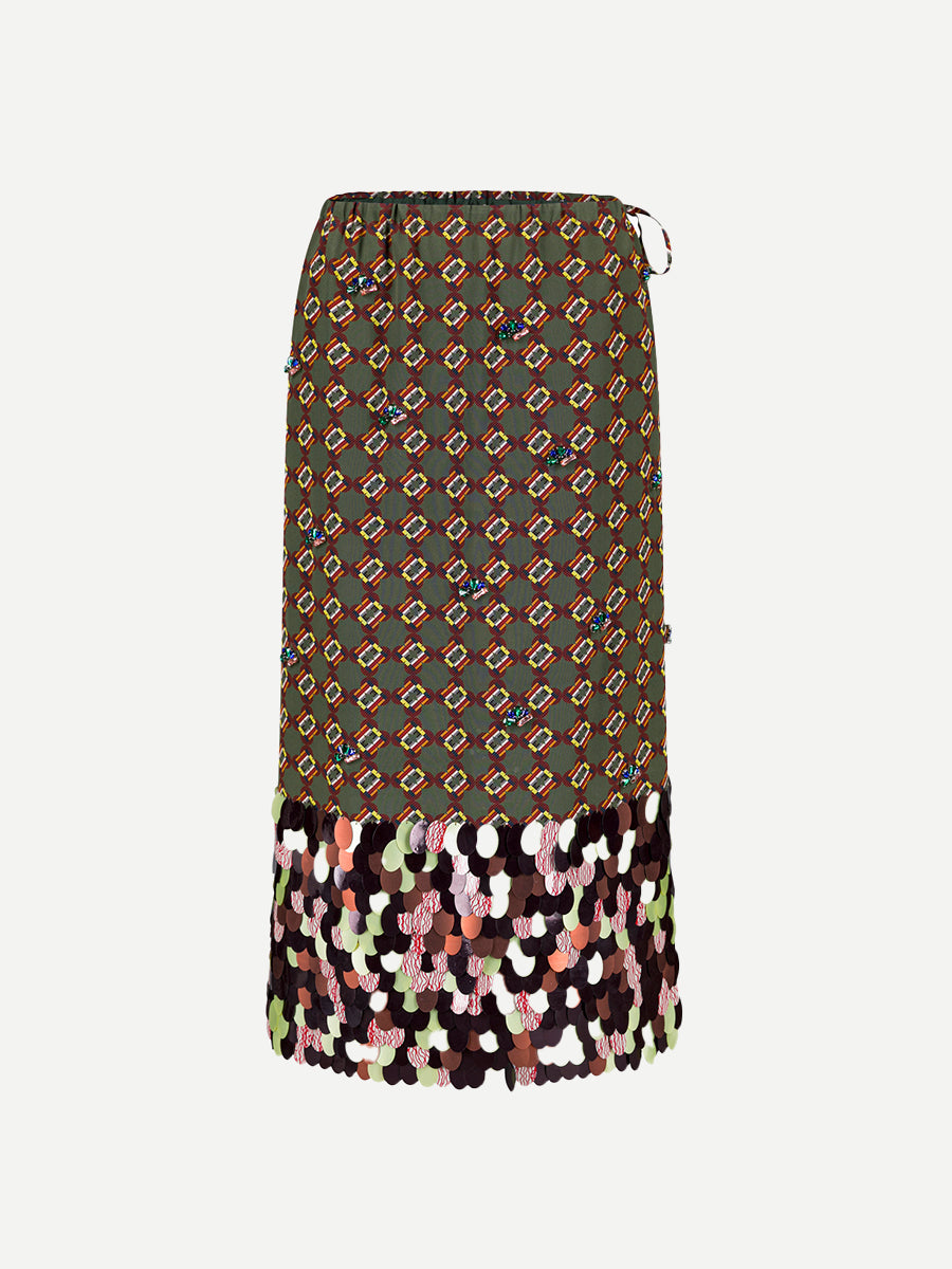 Dries Van Noten Scotta Long Embellished Skirt in Khaki