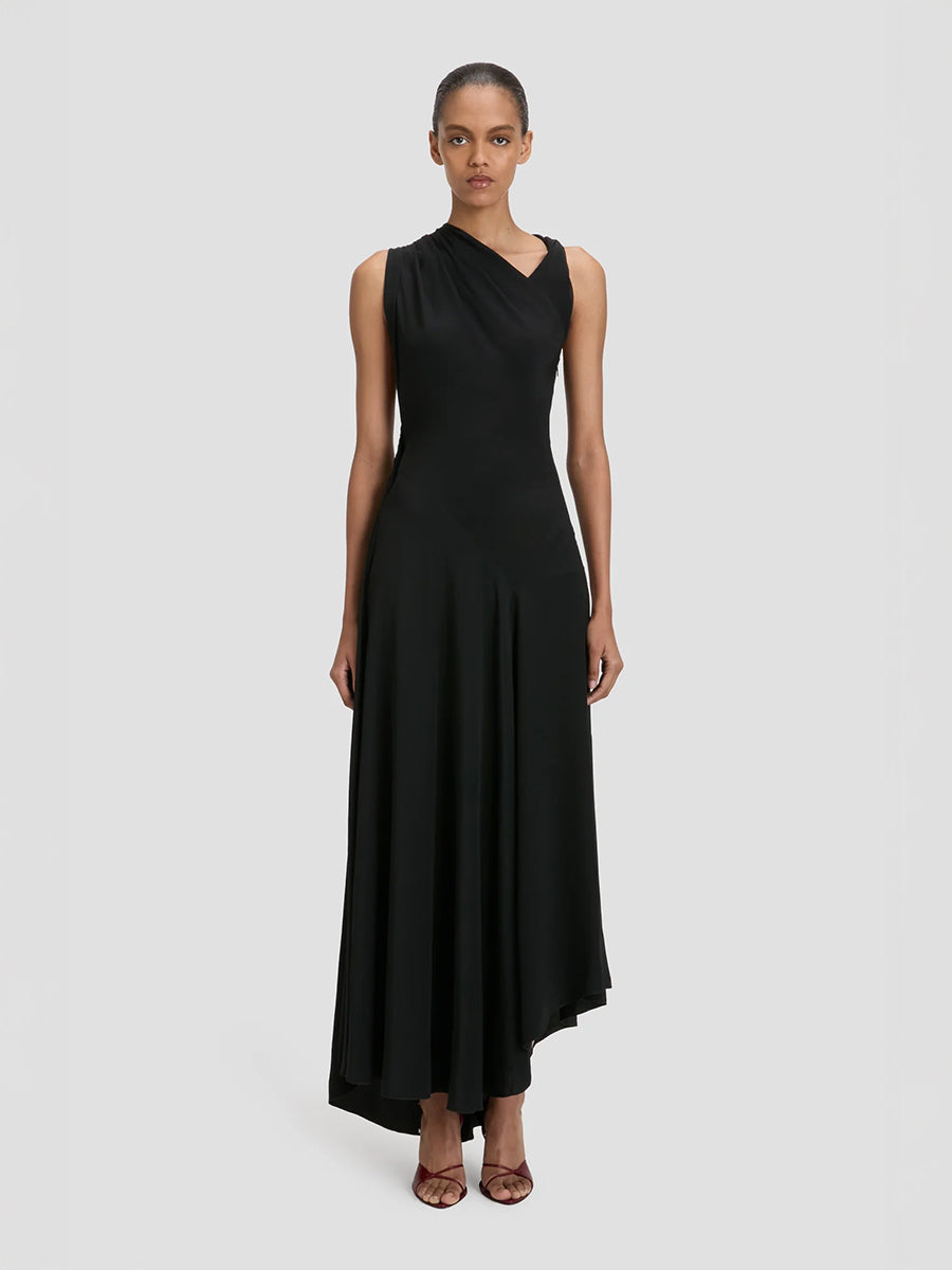 Victoria Beckham Sleeveless Draped Midi Dress in Black