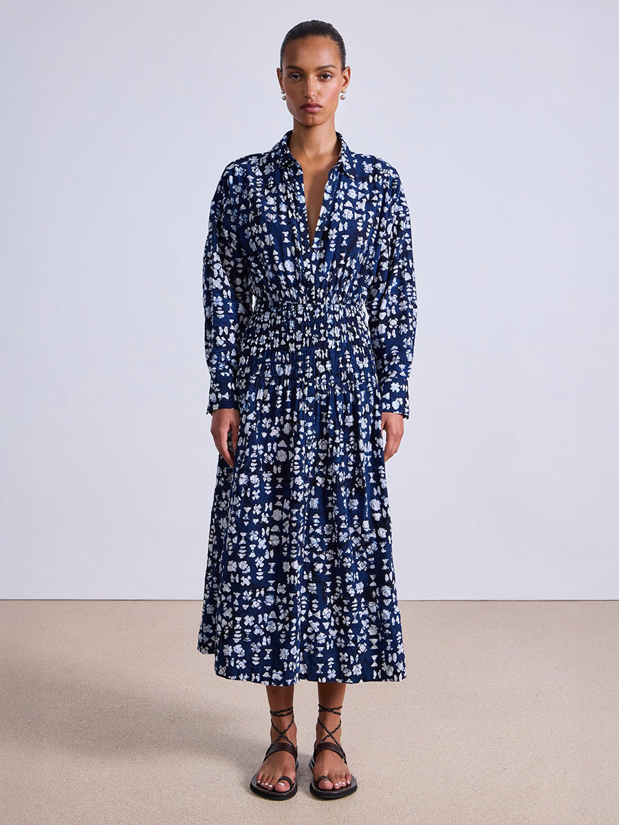 Sophia Smocked Shirt Dress in Batik Geo Indigo