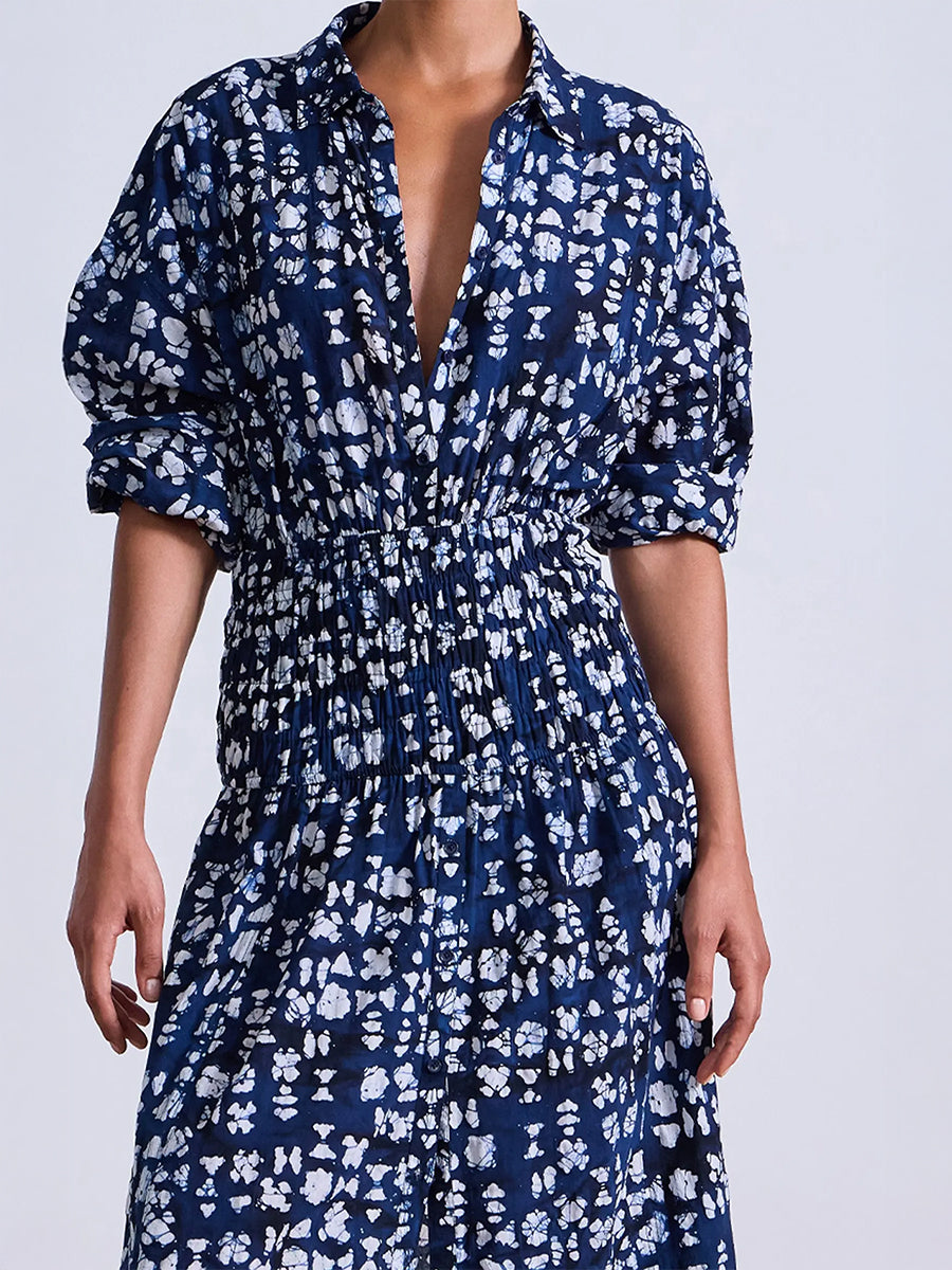 Sophia Smocked Shirt Dress in Batik Geo Indigo
