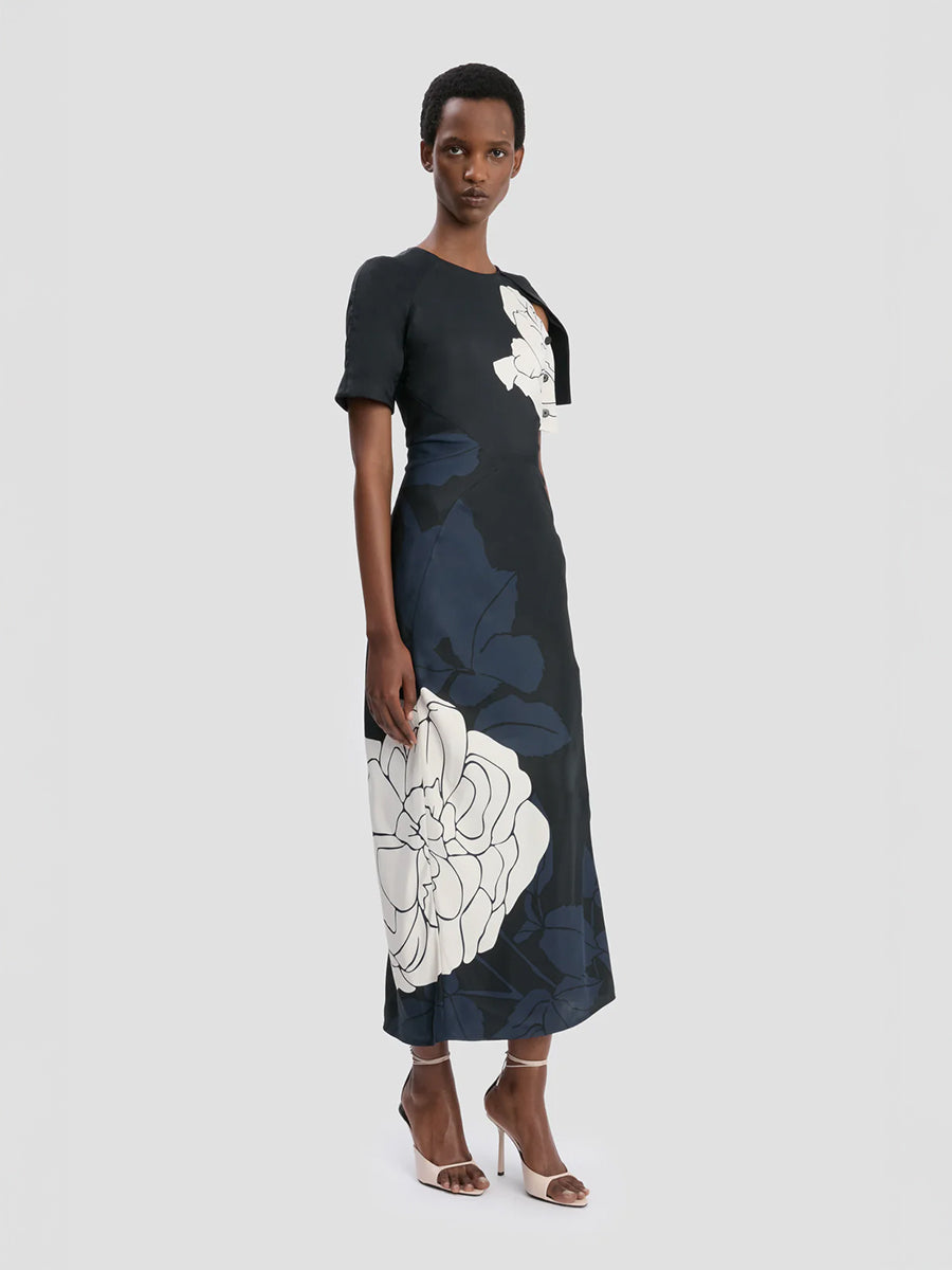 Victoria Beckham Split Hem Detail Midi Dress in Dark Navy/Pale Rose