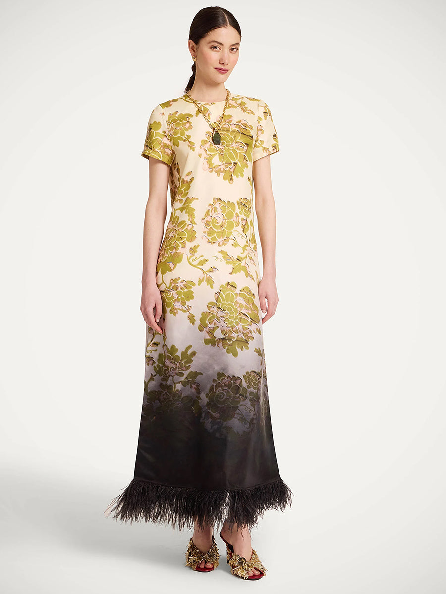 Swing Dress w/ Feathers in Oasis Ombre Black