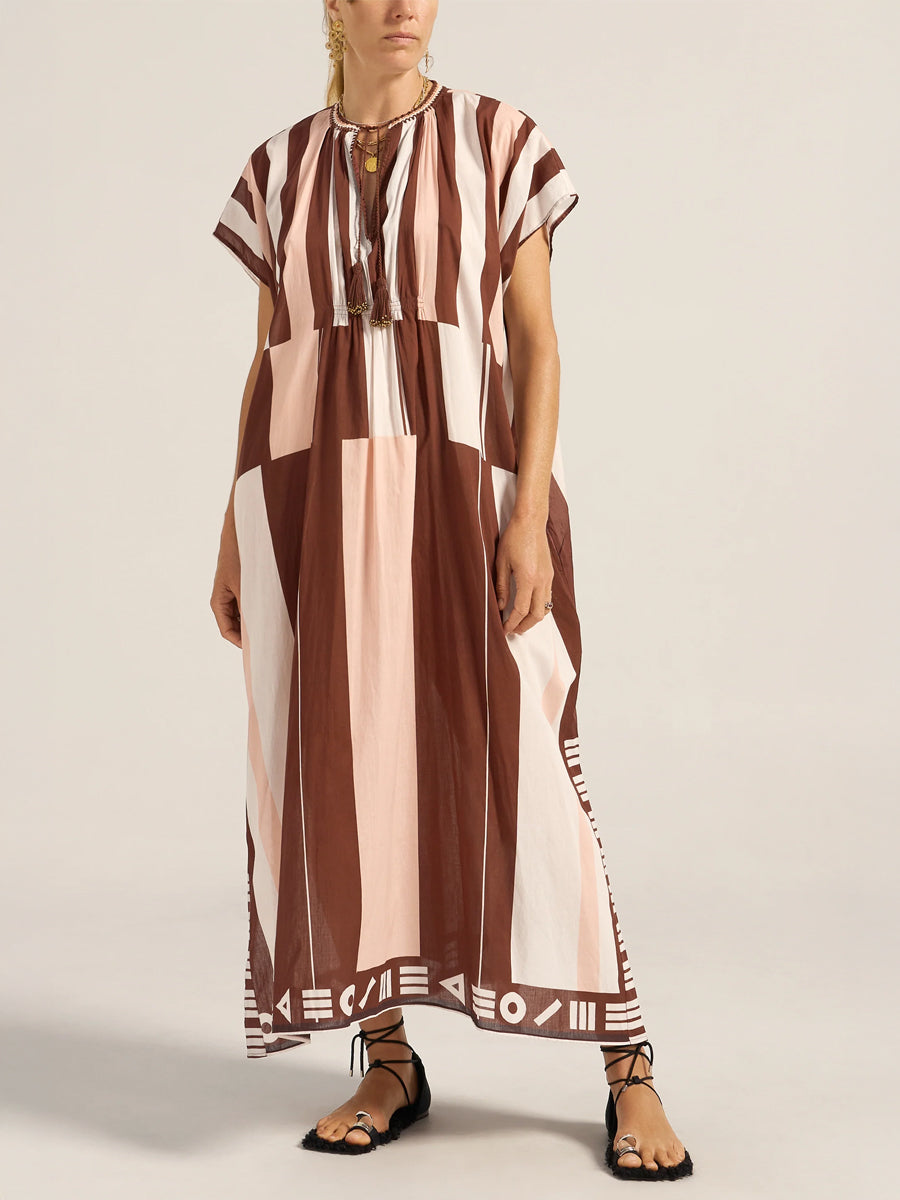 Thaddeus Caftan in Pink/Brown Sarong Voile