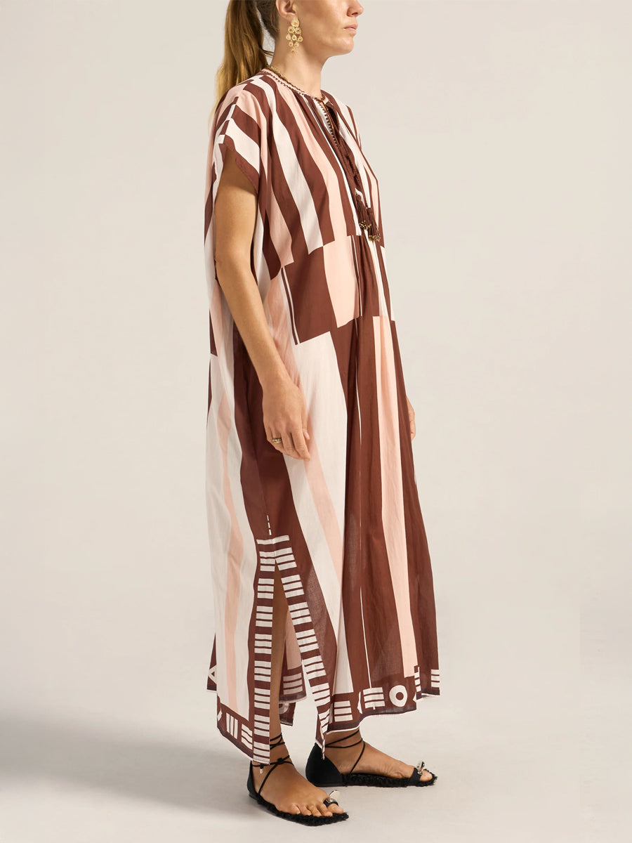 Thaddeus Caftan in Pink/Brown Sarong Voile