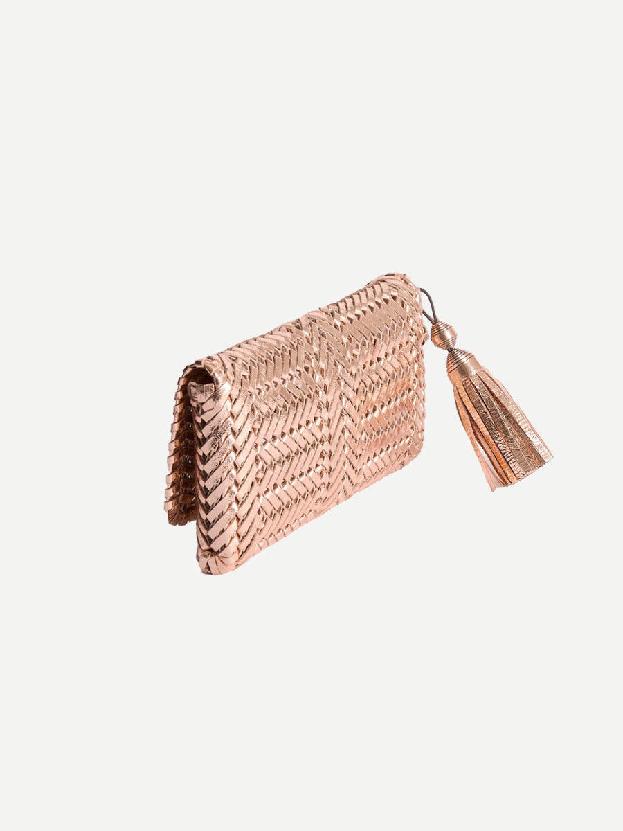 The Neeson Tassel Clutch in Salmon Mirror