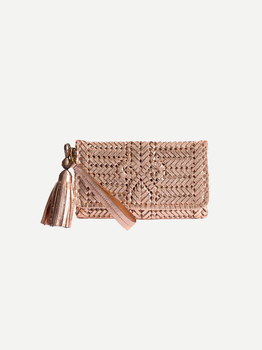 The Neeson Tassel Clutch in Salmon Mirror