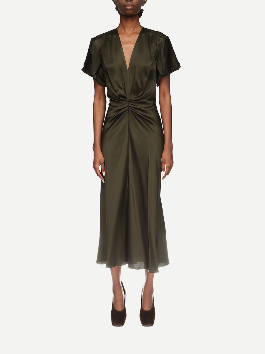 Victoria Beckham V-Neck Bella Midi Dress in Dark Olive