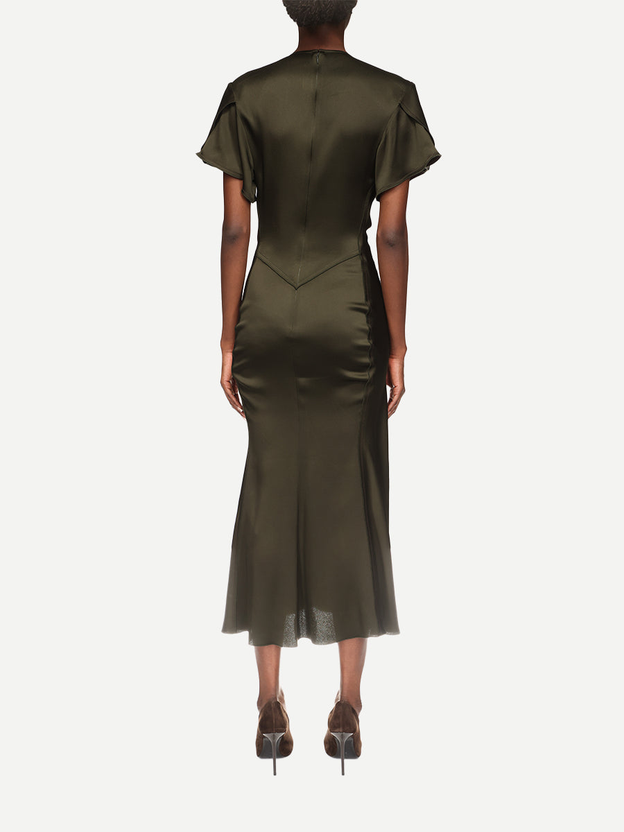 Victoria Beckham V-Neck Bella Midi Dress in Dark Olive
