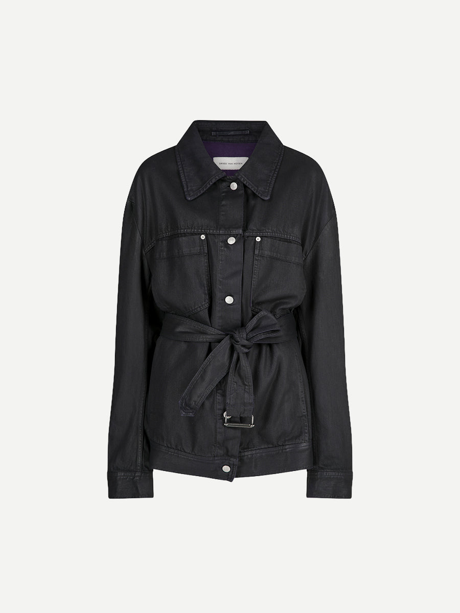 Veca Belted Denim Jacket in Black