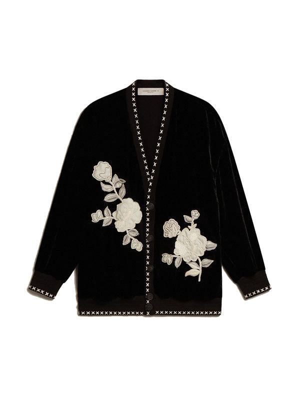 Golden Goose Velvet Cardigan with Floral Emrboidery