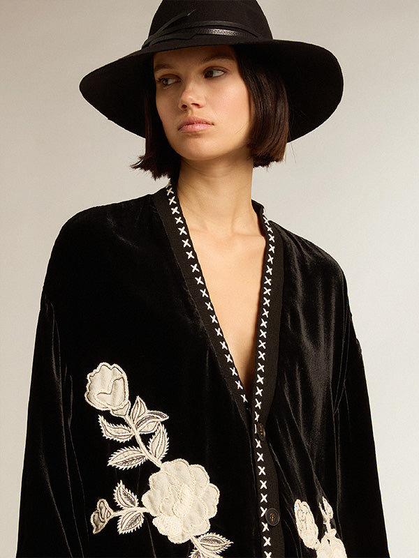 Golden Goose Velvet Cardigan with Floral Emrboidery