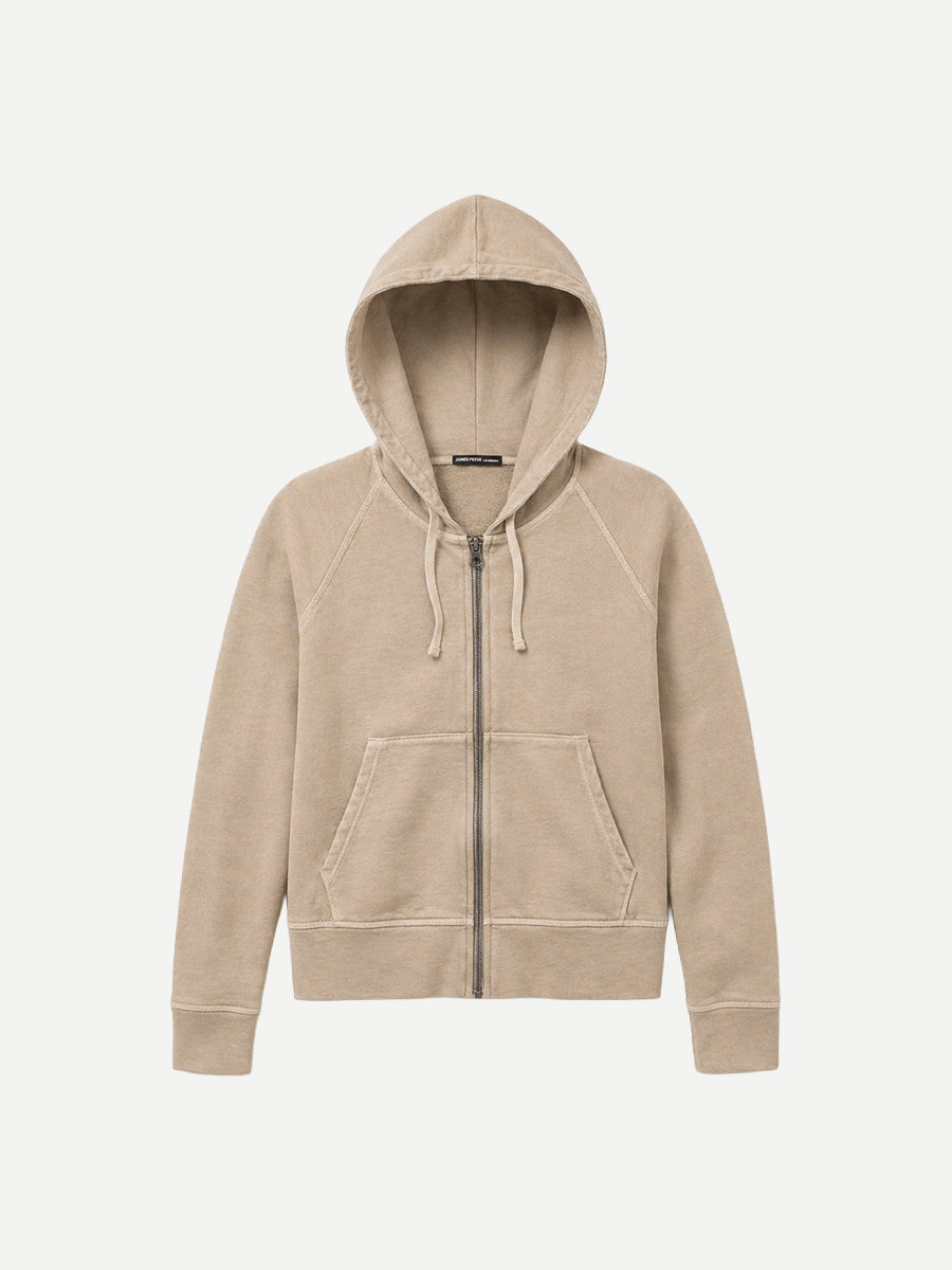 James Perse Vintage French Terry Zip Hoody in Light Khaki Pigment