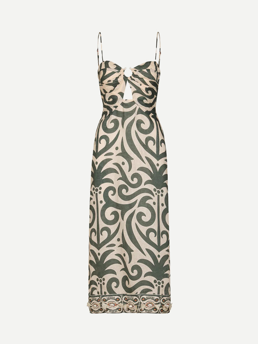 Johanna Ortiz Water Adventure Dress in Ecru/Green