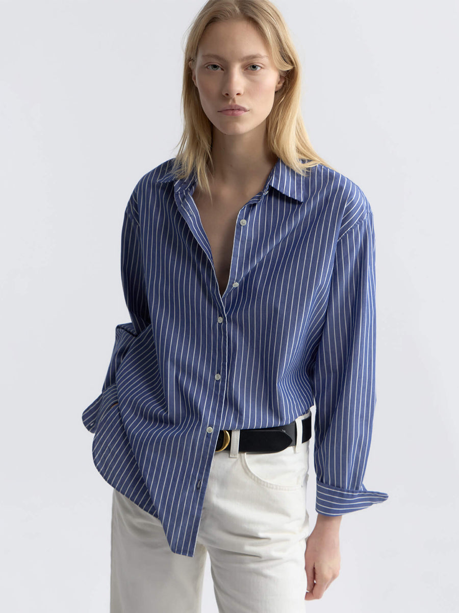 Nili Lotan Yorke Shirt in Dark Navy/White Stripe
