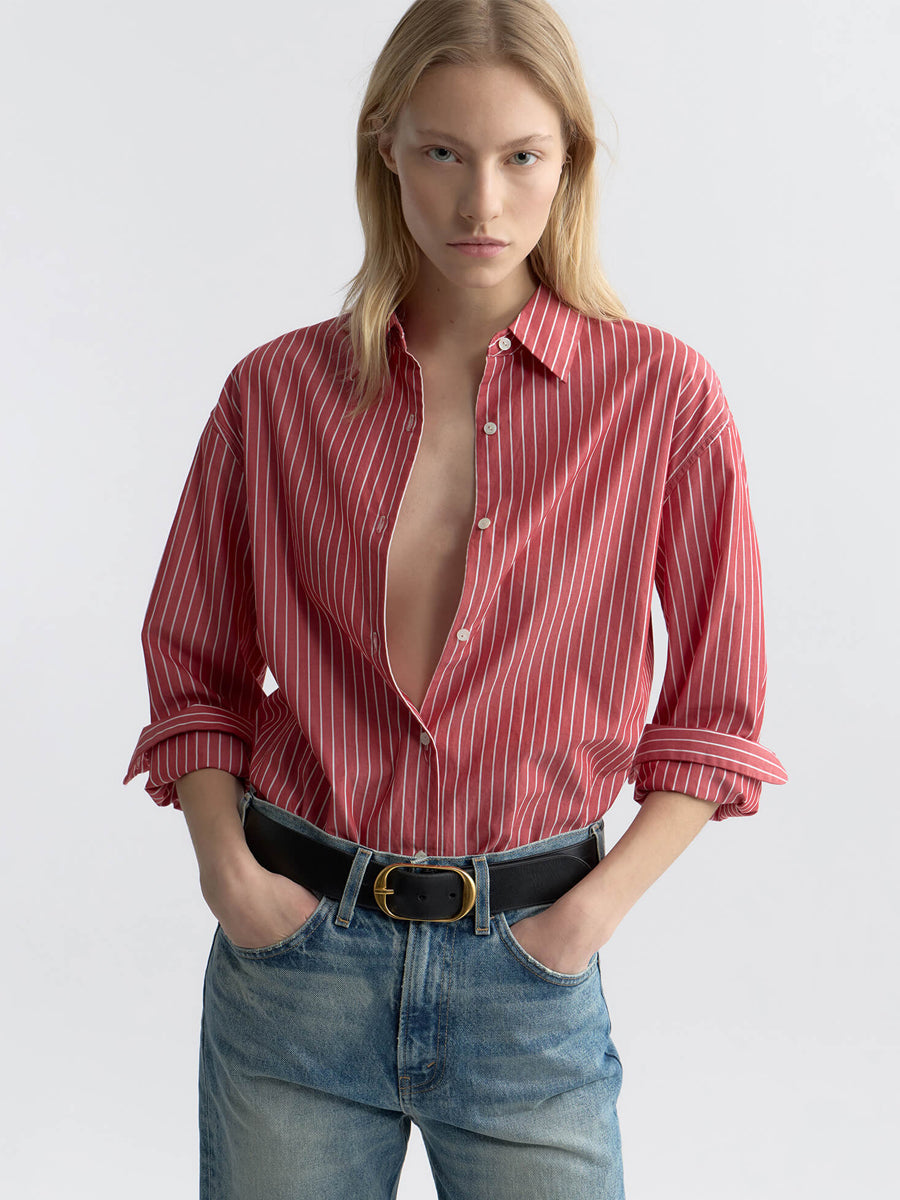 Nili Lotan Yorke Shirt in Red/White Stripe