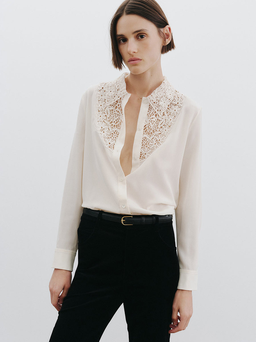 Nili Lotan Zola Lace Silk Shirt in Ivory