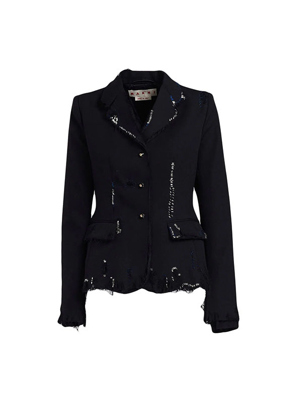 Marni Black Fitted Wool Blazer with Embroidery