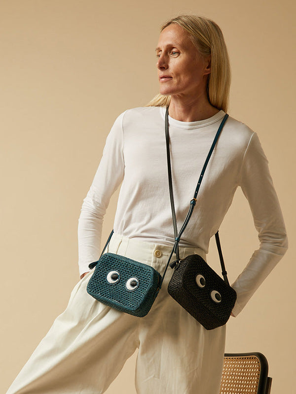 Anya Hindmarch Cross Body Eyes in Light Petrol Raffia
