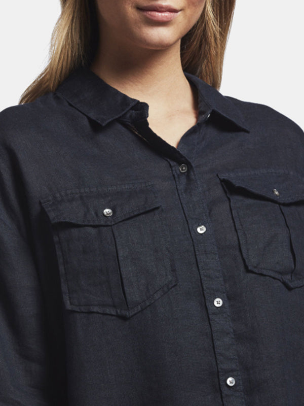 James Perse Military Linen Shirt Dress in French Navy