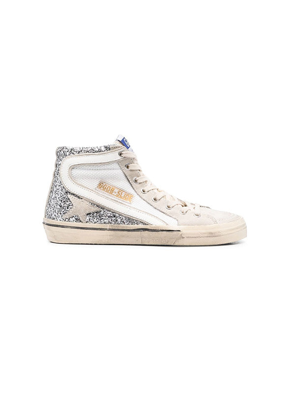 Golden Goose Slide in Glitter Silver & White Net