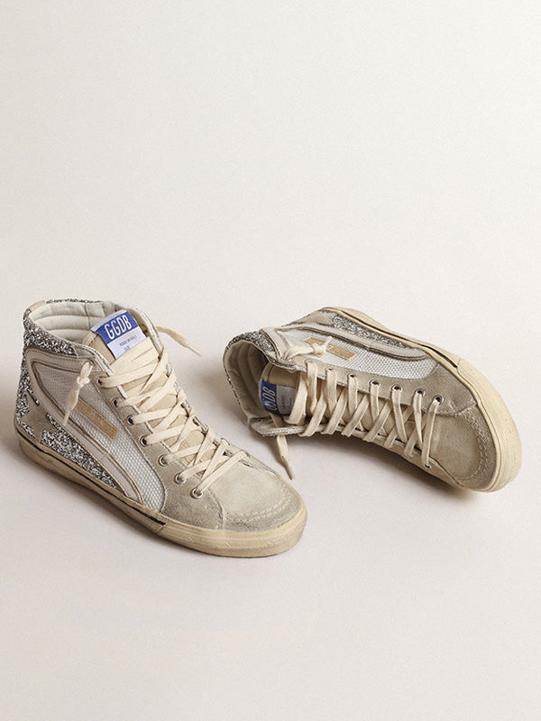 Golden Goose Slide in Glitter Silver & White Net